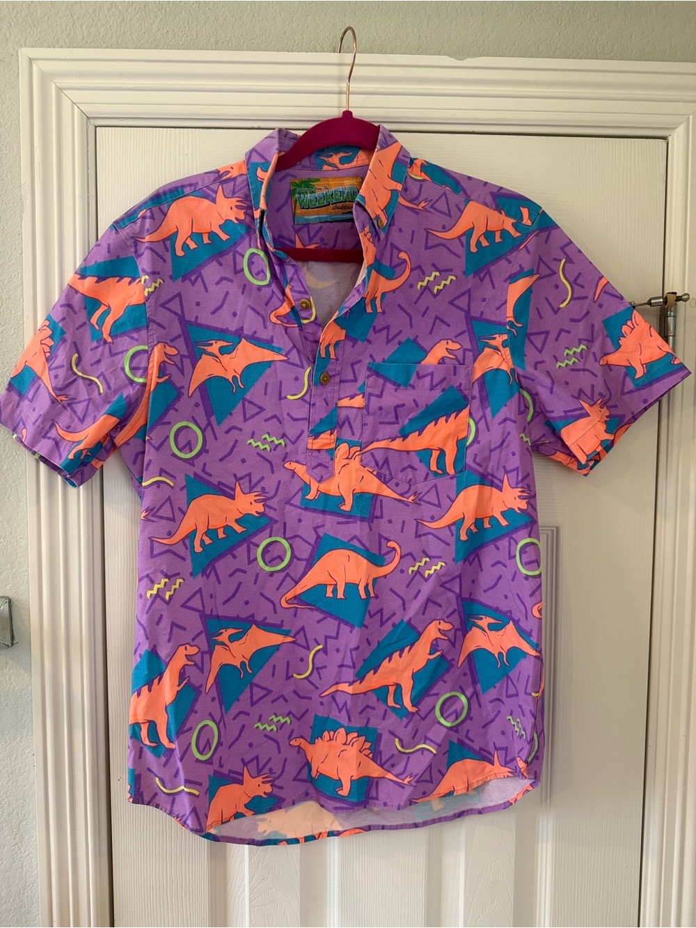 chubbies 90s Style Vibrant Purple and Orange Dinosaur Button-Up Shirt